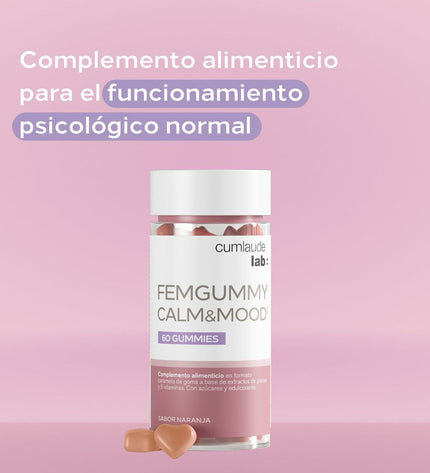 Cumlaude Lab FEMGUMMY CALM & MOOD dietary supplement box with 60 gummies for mood support and relaxation.