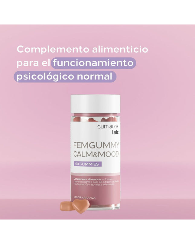 Cumlaude Lab FEMGUMMY CALM & MOOD dietary supplement box with 60 gummies for mood support and relaxation.