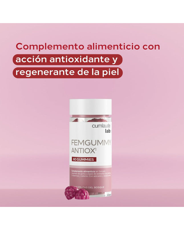 Cumlaude Lab FEMGUMMY ANTIOX dietary supplement box with 60 gummies for health and personal care, vitamins and minerals.
