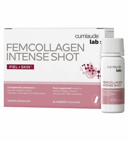Cumlaude Lab Femcollagen Intense Shot dietary supplement box with 7 bottles, promoting skin health and collagen support.