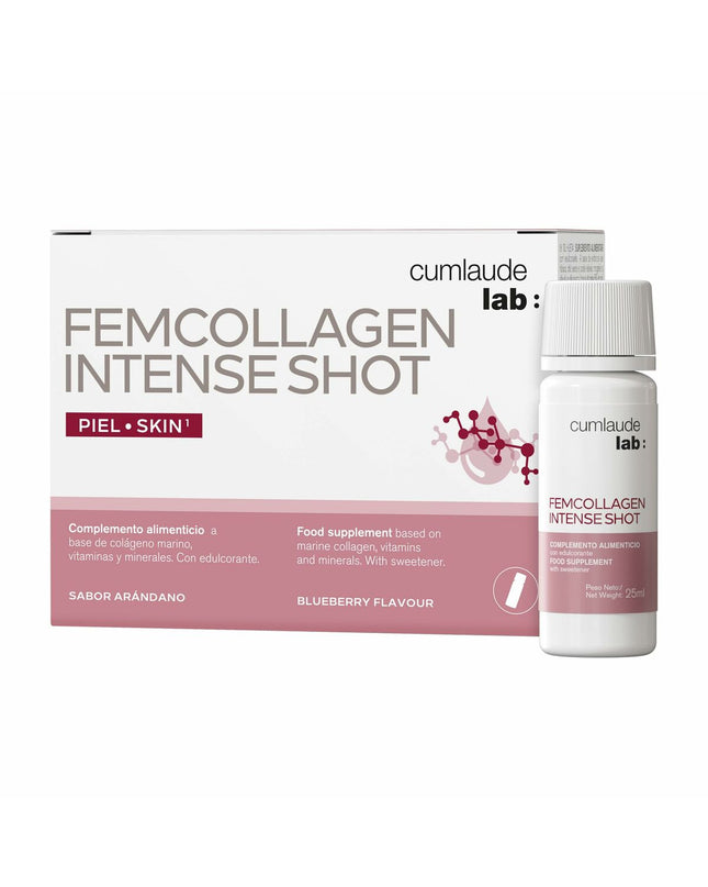 Cumlaude Lab Femcollagen Intense Shot dietary supplement box with 7 bottles, promoting skin health and collagen support.