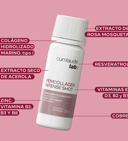 Cumlaude Lab FemCollagen Intense Shot supplement box with 7 units, health and personal care vitamin and mineral supplement.