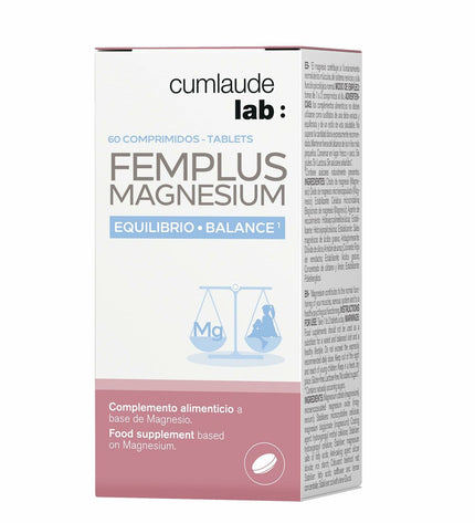 Bottle of Cumlaude Lab FEMPLUS MAGNESIUM dietary supplement with 60 capsules, shown alongside the product packaging.