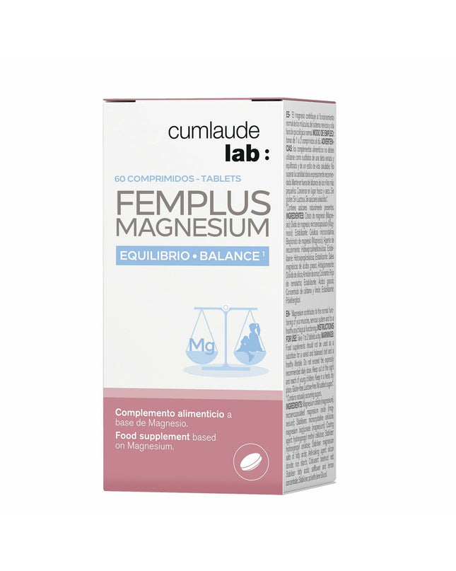 Bottle of Cumlaude Lab FEMPLUS MAGNESIUM dietary supplement with 60 capsules, shown alongside the product packaging.