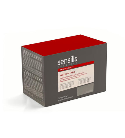 Sensilis HAIR SENSILIS dietary supplement box showing vitamins and minerals for hair health, in a sleek packaging design