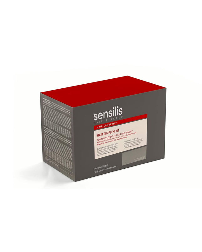Sensilis HAIR SENSILIS dietary supplement box showing vitamins and minerals for hair health, in a sleek packaging design
