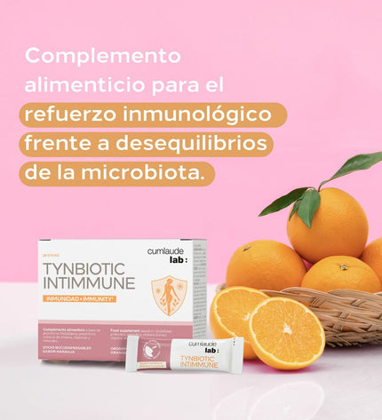 Cumlaude Lab TYNBIOTIC INTIMMUNE dietary supplement box with 28 capsules for immune health and digestive support.