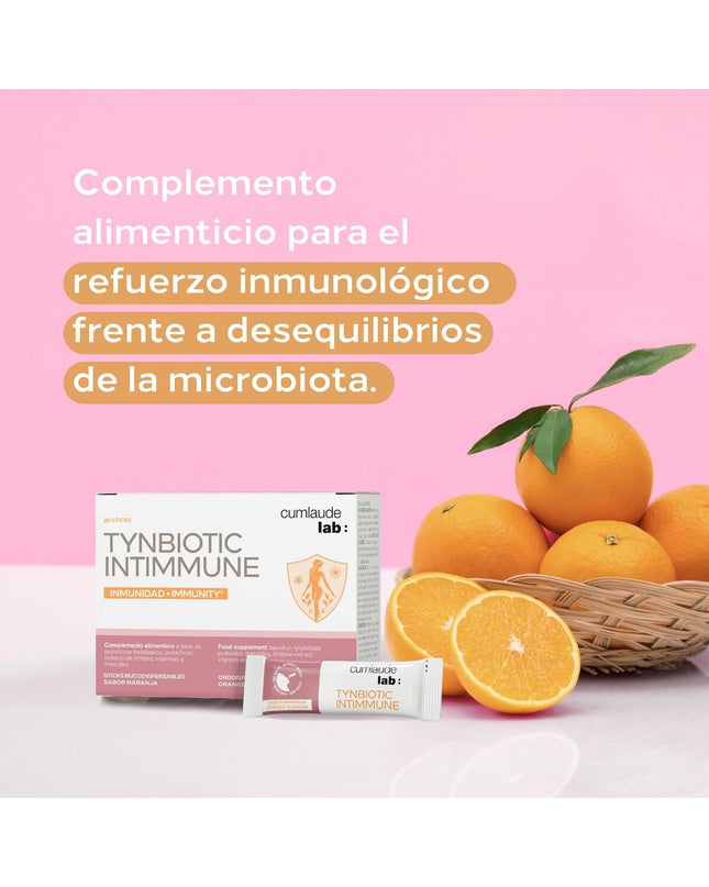 Cumlaude Lab TYNBIOTIC INTIMMUNE dietary supplement box with 28 capsules for immune health and digestive support.