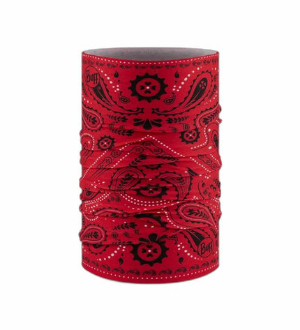 Buff Nekwarmer Buff in rich cashmere Scharlakenrood, ideal for outdoor activities, camping, and hiking.