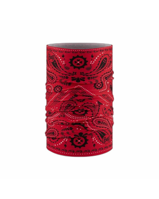 Buff Nekwarmer Buff in rich cashmere Scharlakenrood, ideal for outdoor activities, camping, and hiking.