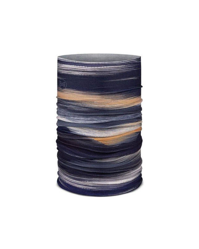 Buff Nekwarmer Buff Original Ecostretch Arky Midnight Blauw, a versatile outdoor neck warmer for camping and hiking in blue fabric.