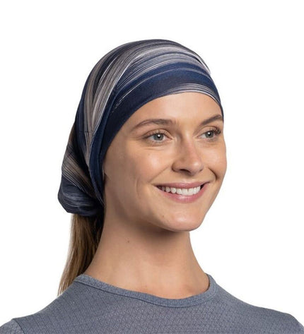 Buff Nekwarmer Buff Original Ecostretch Arky Midnight Blauw, versatile outdoor neck warmer for camping and hiking in blue color.