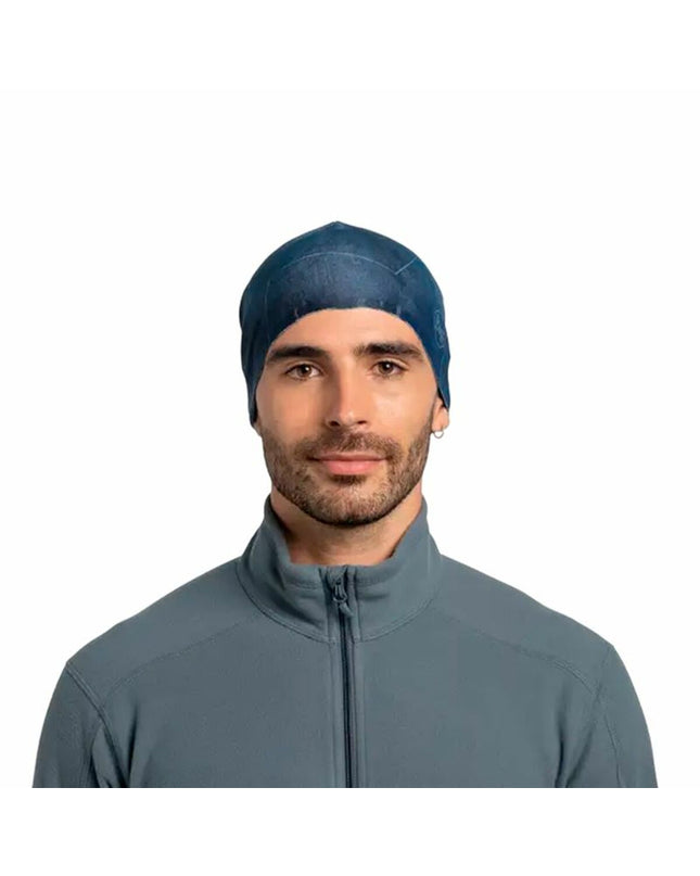 Buff Hoed Buff Thermonet in blauw, outdoor sport headwear with thermal fleece for camping and hiking activities.