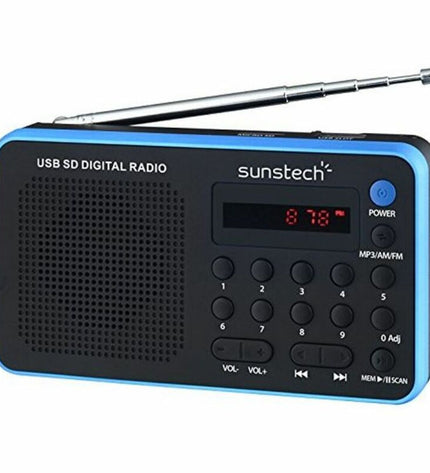 Sunstech RPDS32BL transistor radio, electronic toy with colorful buttons and dials, designed for kids' play and learning.