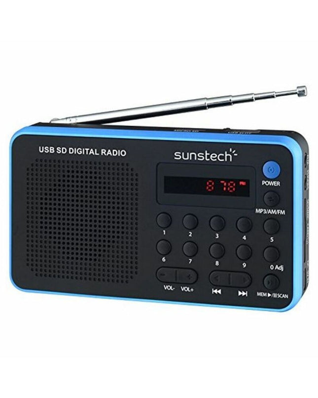 Sunstech RPDS32BL transistor radio, electronic toy with colorful buttons and dials, designed for kids' play and learning.