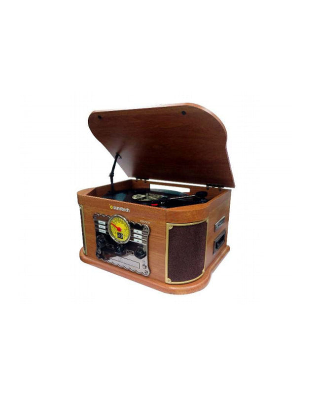 Sunstech PXRC52CDWD brown wood finish turntable with built-in speakers and tonearm, part of audio and hi-fi electronics collection