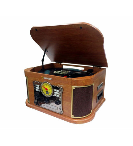 Sunstech PXRC52CDWD brown wooden record player with built-in speakers and audio controls, showcasing its vintage-inspired design.