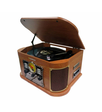 Sunstech PXRC52CDWD brown wooden turntable with built-in speakers and control buttons for vintage vinyl listening.