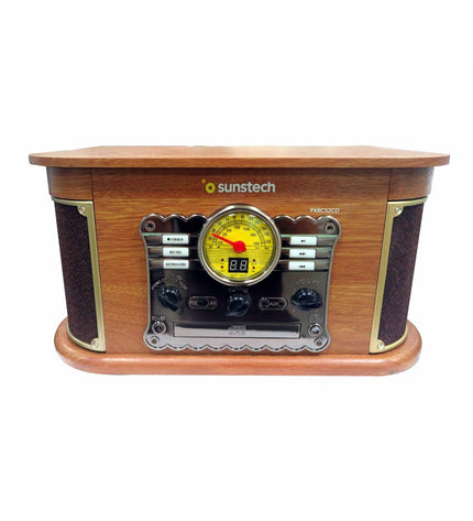 Sunstech PXRC52CDWD brown wood finish turntable with built-in speakers and modern audio features, part of electronic audio equipment.