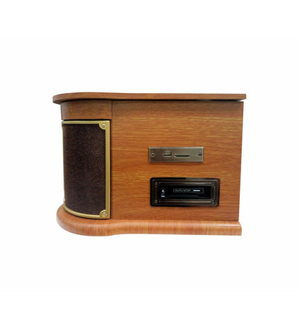 Sunstech PXRC52CDWD vintage wooden record player with built-in speakers and CD player, in a warm brown finish.