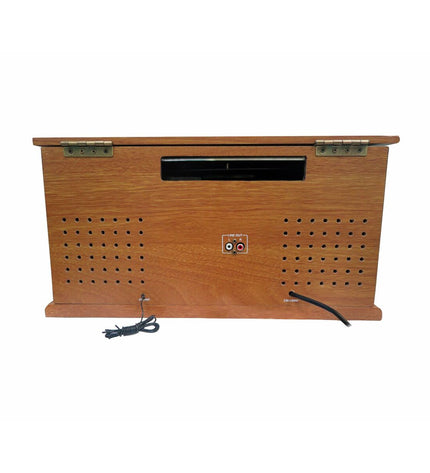 Sunstech PXRC52CDWD vintage-style wooden record player in brown with tonearm and control knobs, part of audio and hifi equipment.