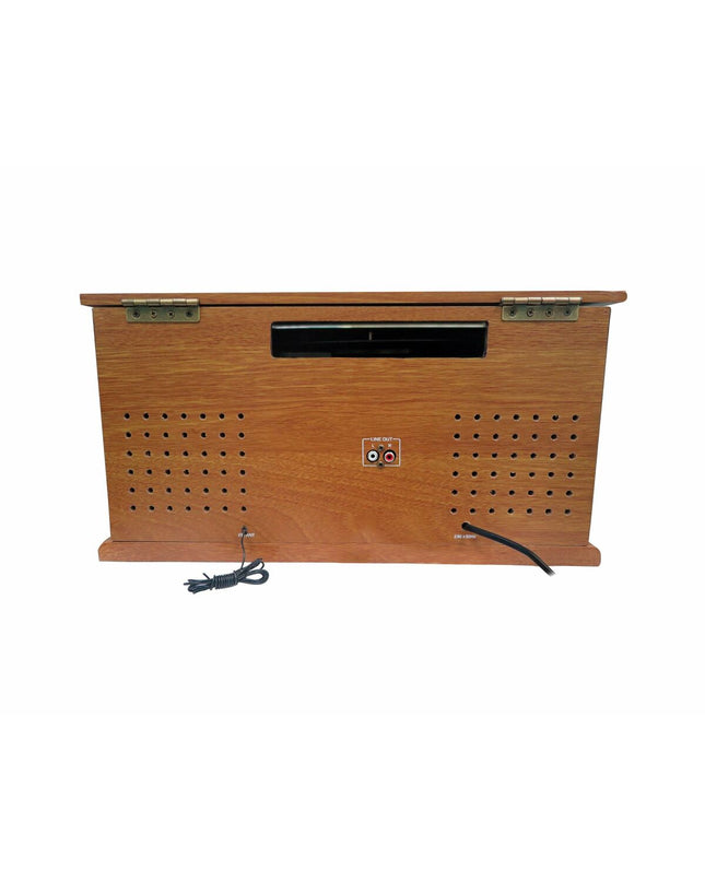 Sunstech PXRC52CDWD vintage-style wooden record player in brown with tonearm and control knobs, part of audio and hifi equipment.