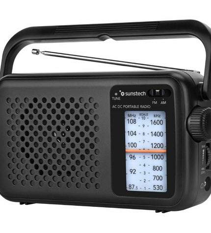 Sunstech Transistor radio RPS760BK in black, vintage-style electronic toy with dials and speaker, designed for electronic toy enthusiasts.