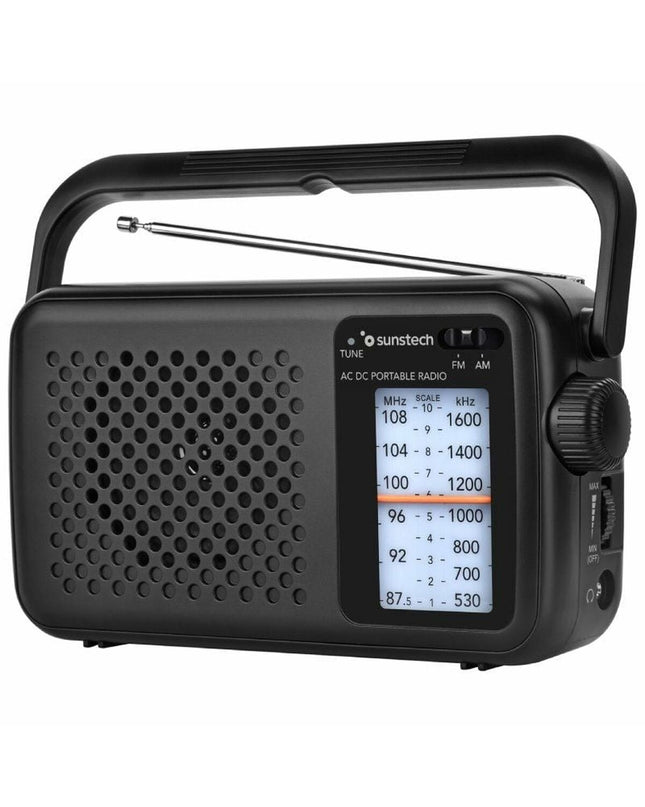 Sunstech Transistor radio RPS760BK in black, vintage-style electronic toy with dials and speaker, designed for electronic toy enthusiasts.