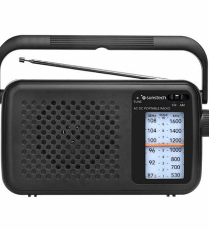 Sunstech RPS760BK portable transistor radio with black casing, digital display, and control buttons, designed for electronic toy use.