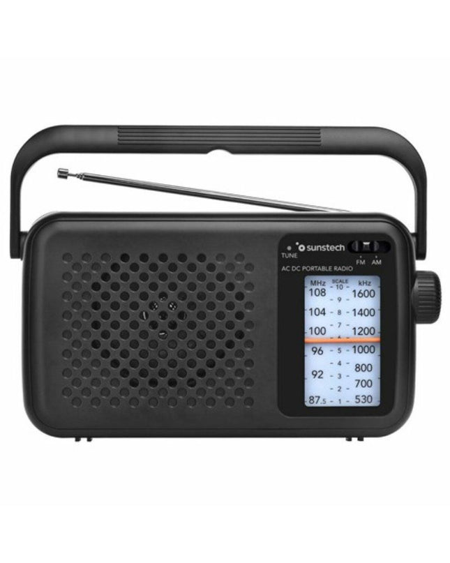 Sunstech RPS760BK portable transistor radio with black casing, digital display, and control buttons, designed for electronic toy use.