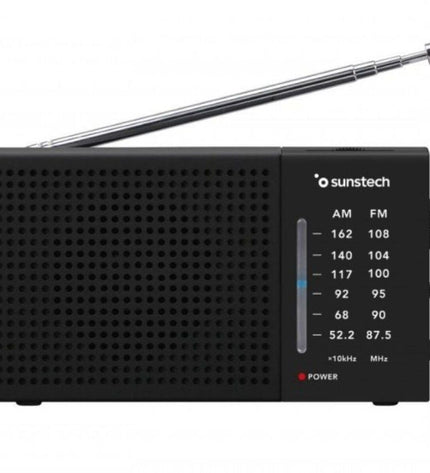 Sunstech RPS412BK transistor radio, electronic toy for children, featuring a compact black design and colorful control buttons.