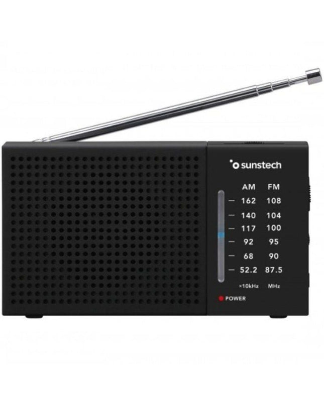 Sunstech RPS412BK transistor radio, electronic toy for children, featuring a compact black design and colorful control buttons.