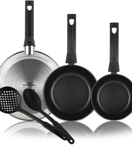 Magefesa stainless steel cookware set with three parts, including a 24cm, 20cm, and 28cm pot in silver color.