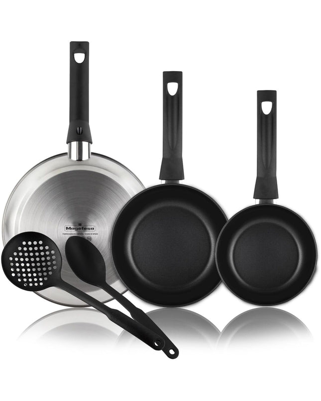 Magefesa stainless steel cookware set with three parts, including a 24cm, 20cm, and 28cm pot in silver color.