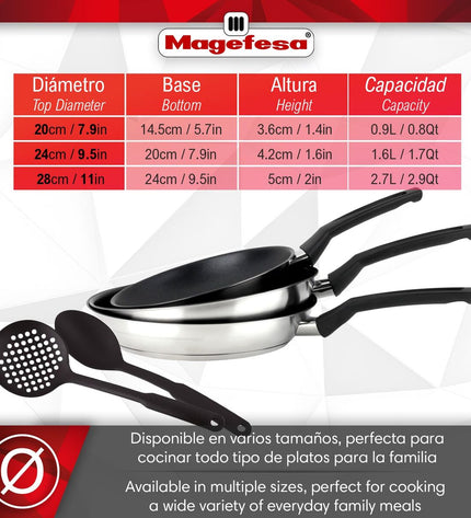Magefesa stainless steel cookware set with three pieces, including pots with 24 cm, 20 cm, and 28 cm diameters, silver finish.