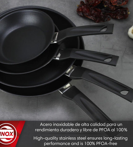 Magefesa stainless steel cookware set with three parts, including pots with diameters of 20, 24, and 28 cm, in silver color.