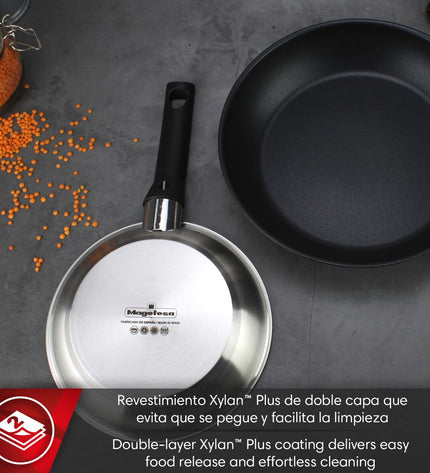 Magefesa stainless steel cookware set with three parts, including pots and lids, in silver color, suitable for home cooking.