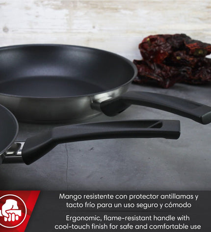 Magefesa stainless steel cookware set with three pieces, including pots with sizes 24cm, 20cm, and 28cm in silver color.
