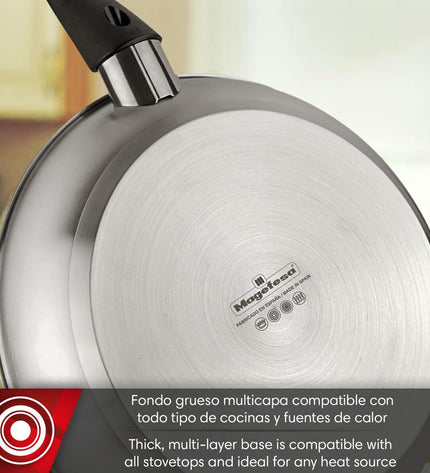 Magefesa stainless steel cookware set with three pieces, including pots of 20 cm, 24 cm, and 28 cm diameter for home cooking.