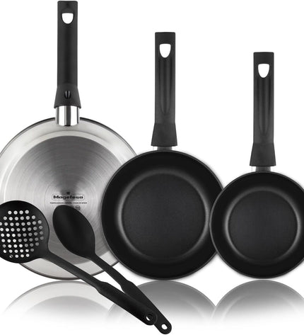 Magefesa stainless steel cookware set with three parts, including a 24 cm, 20 cm, and 28 cm pan, in silver color.