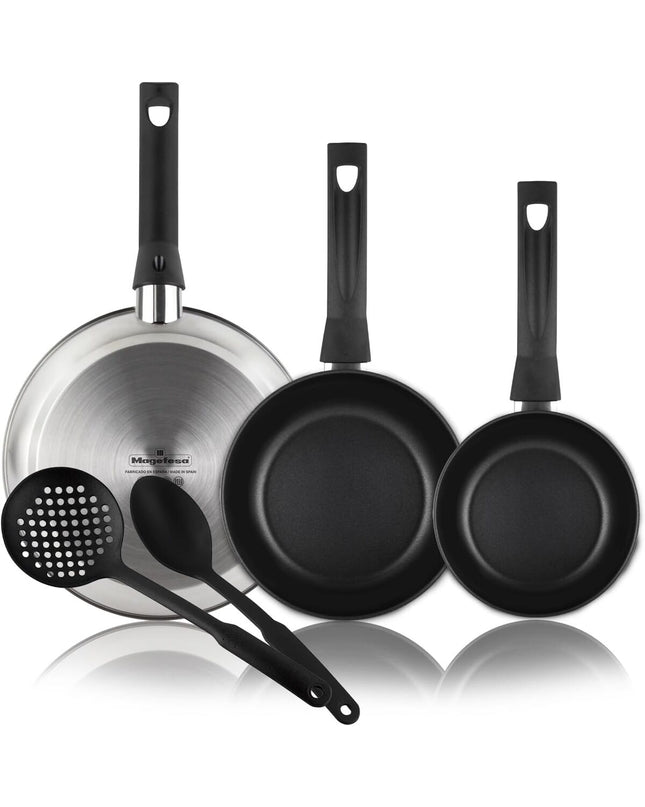Magefesa stainless steel cookware set with three parts, including a 24 cm, 20 cm, and 28 cm pan, in silver color.