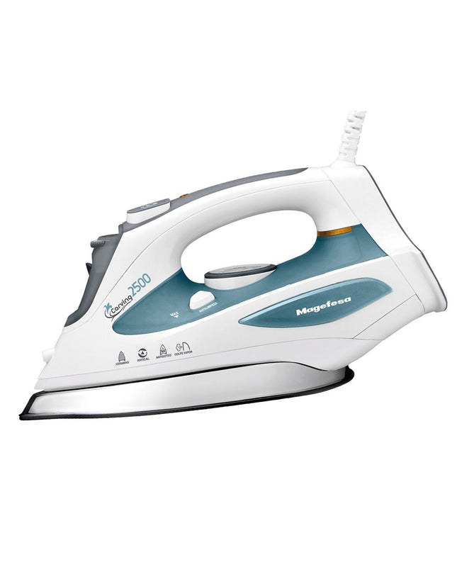 Magefesa Carving 2500W steam iron with ergonomic handle and adjustable settings, ideal for household ironing and fabric care.