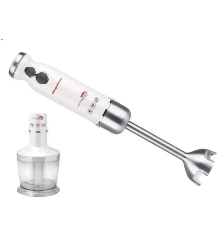 Magefesa MGF4123 hand blender with 750W power, featuring a sleek white design for kitchen and cooking use.
