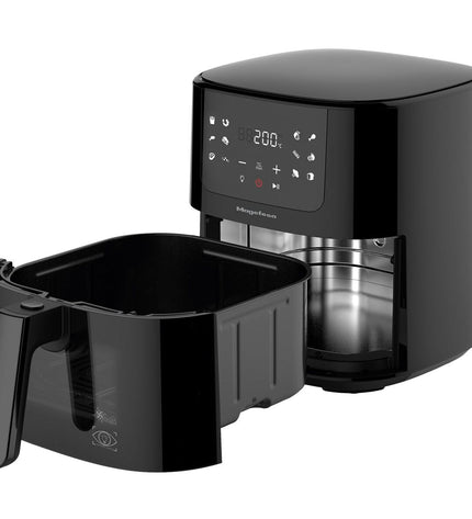 Magefesa black air fryer with 5L capacity and 1500W power, compact kitchen appliance for healthy frying.