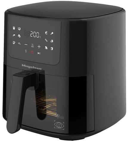 Magefesa black 1500W air fryer with 5L capacity, compact kitchen appliance for healthy frying and cooking.