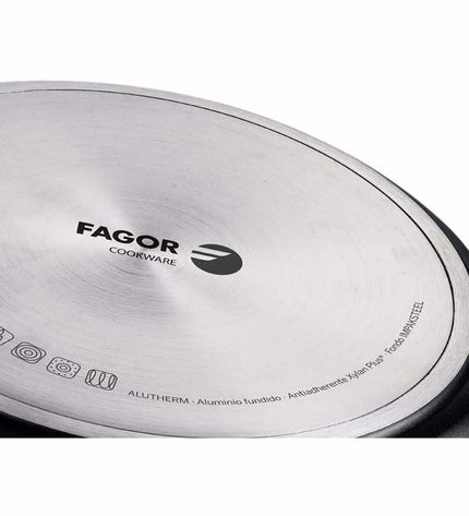 Fagor cookware pan for home cooking, stainless steel with a black handle, suitable for stovetop use.