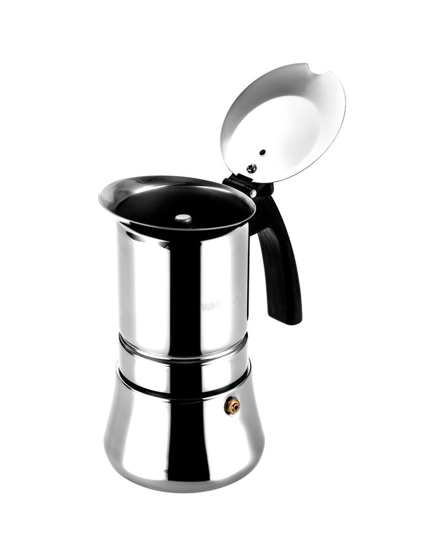 Black Fagor Italian coffee pot in stainless steel, 60 ml, ideal for brewing traditional espresso-style coffee at home.