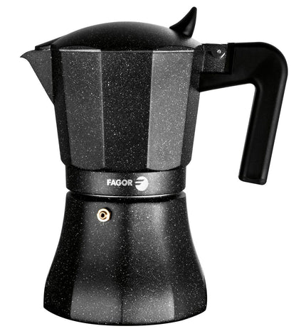 Fagor Tiramisu Italiaanse koffiepot in zwart aluminium, perfect voor huis en koken, brewing fresh espresso.