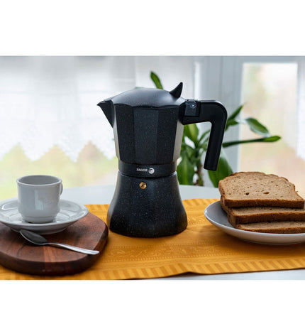 Fagor Tiramisu Italian coffee pot in black aluminum for brewing espresso, ideal for home kitchen and coffee enthusiasts