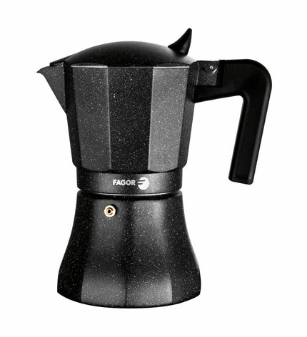Fagor Tiramisu 3 Italian coffee pot in black aluminum, ideal for brewing rich espresso-style coffee at home